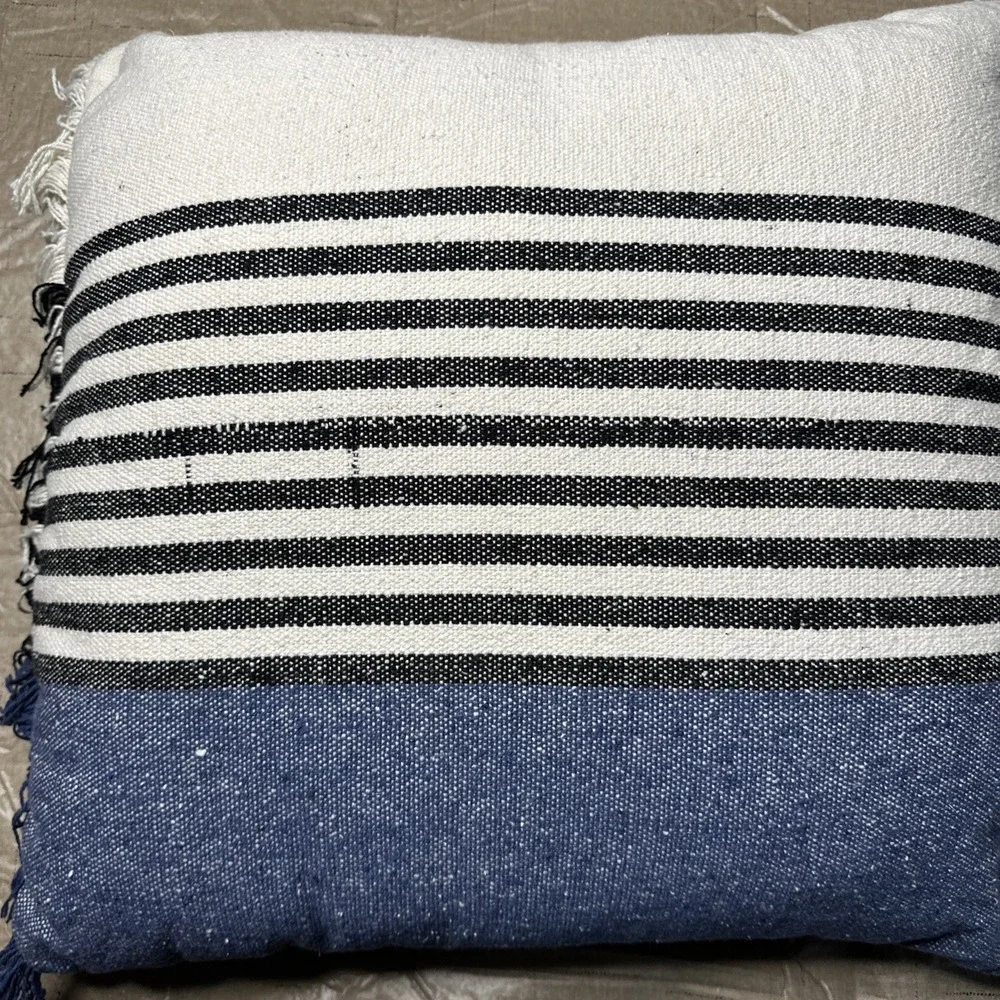 Blue Black Cream Striped Fringe Throw Pillow 20